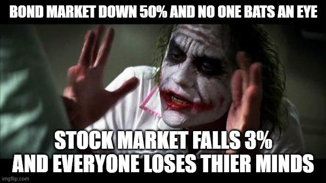 No one BATS an eye | BOND MARKET DOWN 50% AND NO ONE BATS AN EYE; STOCK MARKET FALLS 3% AND EVERYONE LOSES THIER MINDS | image tagged in no one bats an eye | made w/ Imgflip meme maker