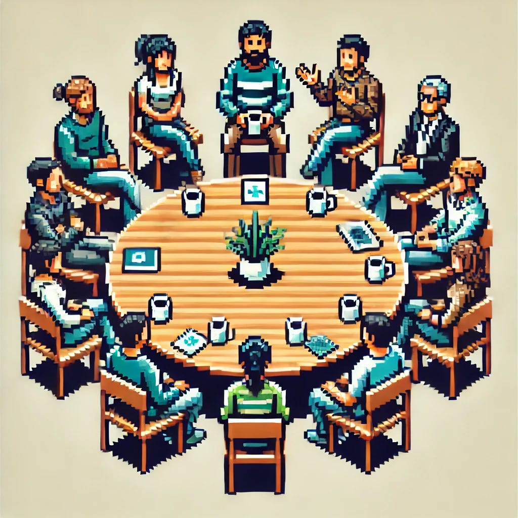 A pixelated image of a group of men and women sitting around a circular table, engaged in friendly conversation. The style resembles retro 8-bit or 16-bit video game graphics. Each person is seated, gesturing with hands or leaning forward to listen, creating a sense of interaction. The setting has a cozy feel, with a few items on the table like coffee cups, notepads, or small snacks. The background is simple, focusing on the group and their conversation, conveying a warm and engaging atmosphere.