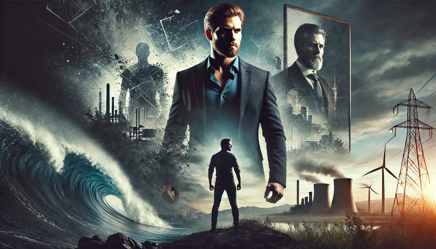 A powerful, visually striking image representing the theme 'The War on Masculinity.' The composition features a strong, modern man standing resiliently amidst a stormy landscape, symbolizing resilience against adversity. Behind him, subtle visuals hint at societal, environmental, and cultural challenges such as industrial settings and blurred silhouettes of traditional male figures (symbolizing cultural erosion), and a fractured mirror (indicating identity crisis). The mood is dark yet empowering, with dramatic lighting illuminating the man's determined expression. The overall aesthetic is bold and cinematic, evoking strength and resolve. No text is included in the image.