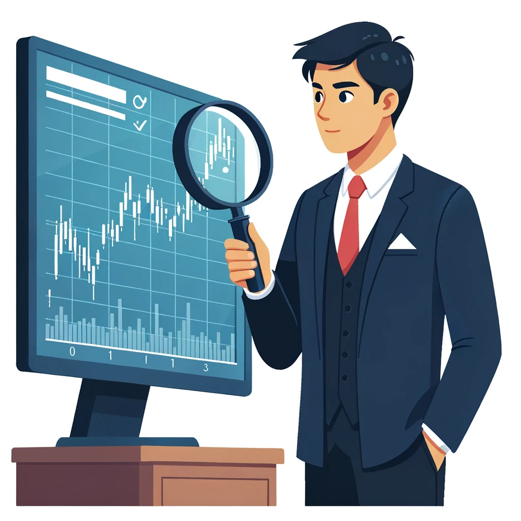 Flat vector illustration on a white background presenting a professional portfolio manager, male of Asian descent in formal attire, analyzing stock charts on a large screen. He is holding a magnifying glass, highlighting specific stocks, indicating his process of selection and expertise.