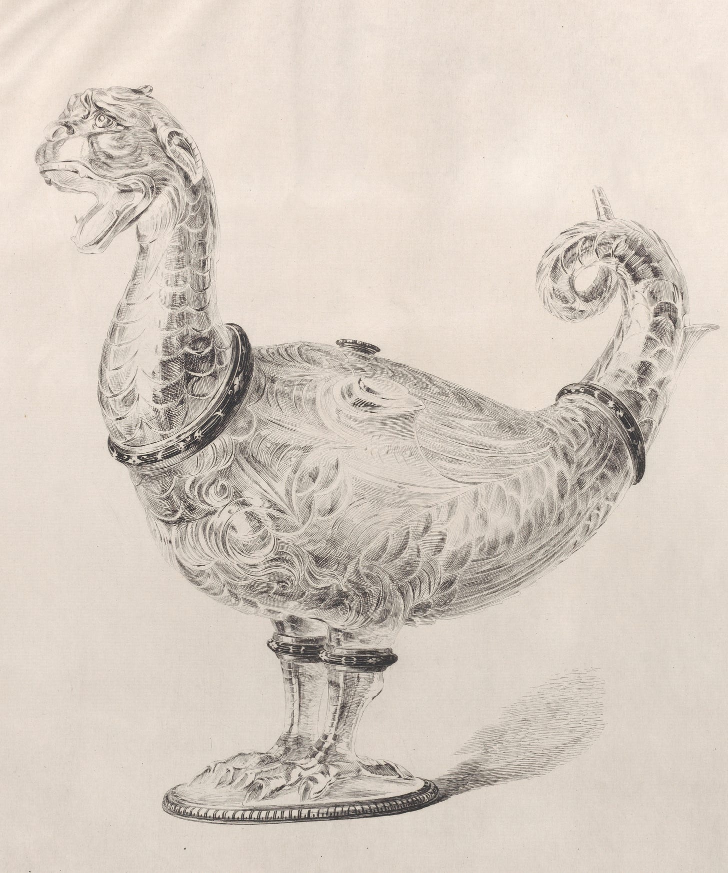 Black and white illustration of a crystal ewer shaped like a dog headed bird.