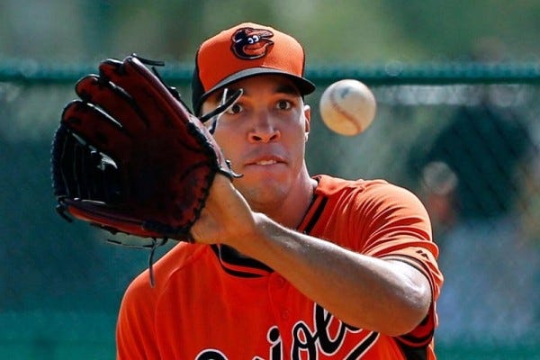 Ubaldo Jimenez catches balls for orioles baseball 2015