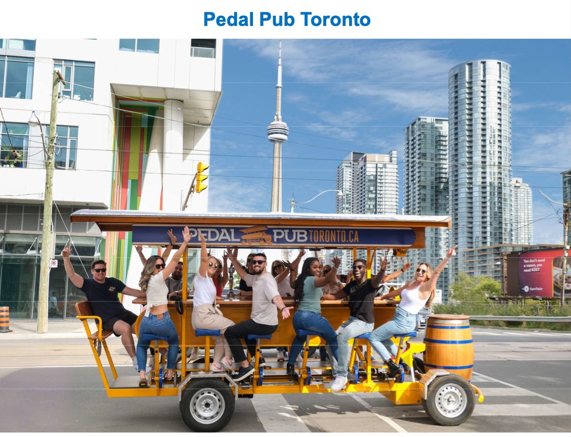 Photo of people looking happy on a "pedal pub"