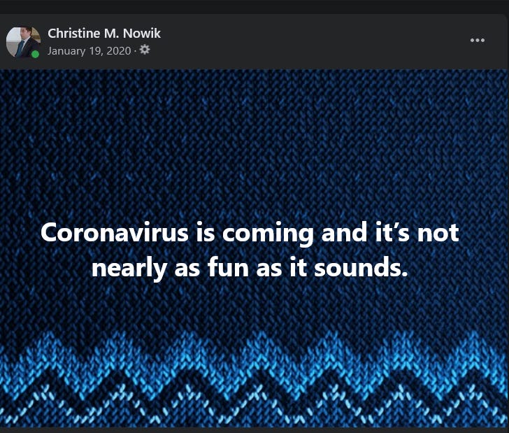 screen shot of my Facebook post from January 19, 2020: Coronavirus is coming and it's not nearly as fun as it sounds