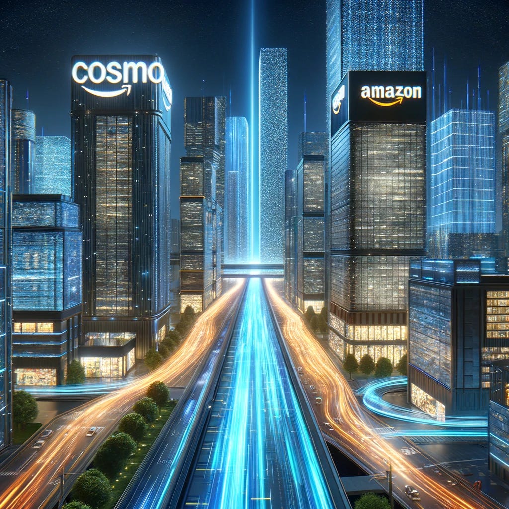 In a futuristic cityscape, visualize a scene where "COSMO" is prominently displayed on the side of a sleek, high-tech building. Nearby, another towering structure bears the Amazon logo, symbolizing their partnership and technological integration. Between these buildings, a bustling highway extends, not for cars, but for streams of glowing data, representing the flow of information and e-commerce transactions. This digital highway has six lanes of two-way traffic, vividly illustrating the constant exchange and processing of data within this advanced urban environment. The overall atmosphere is vibrant and dynamic, capturing the essence of innovation and the digital age.