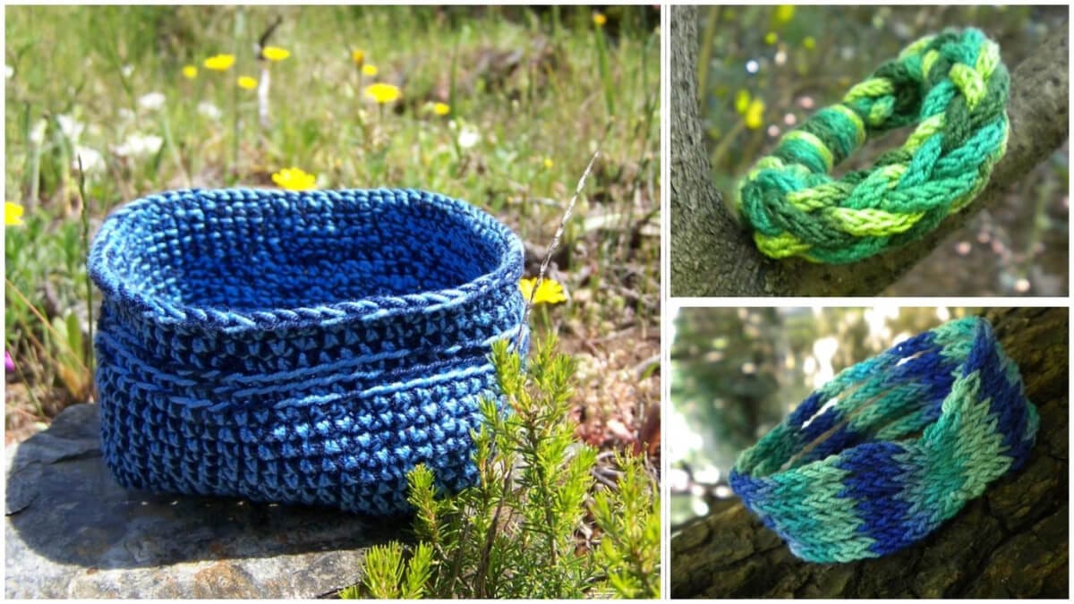 Experiments with single crochet stitch: little basket and some bracelets, in blues and greens.