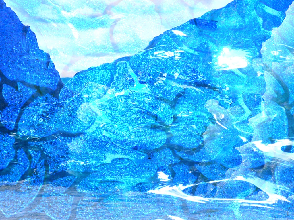 a blue-toned digital collage with elements of earth and water