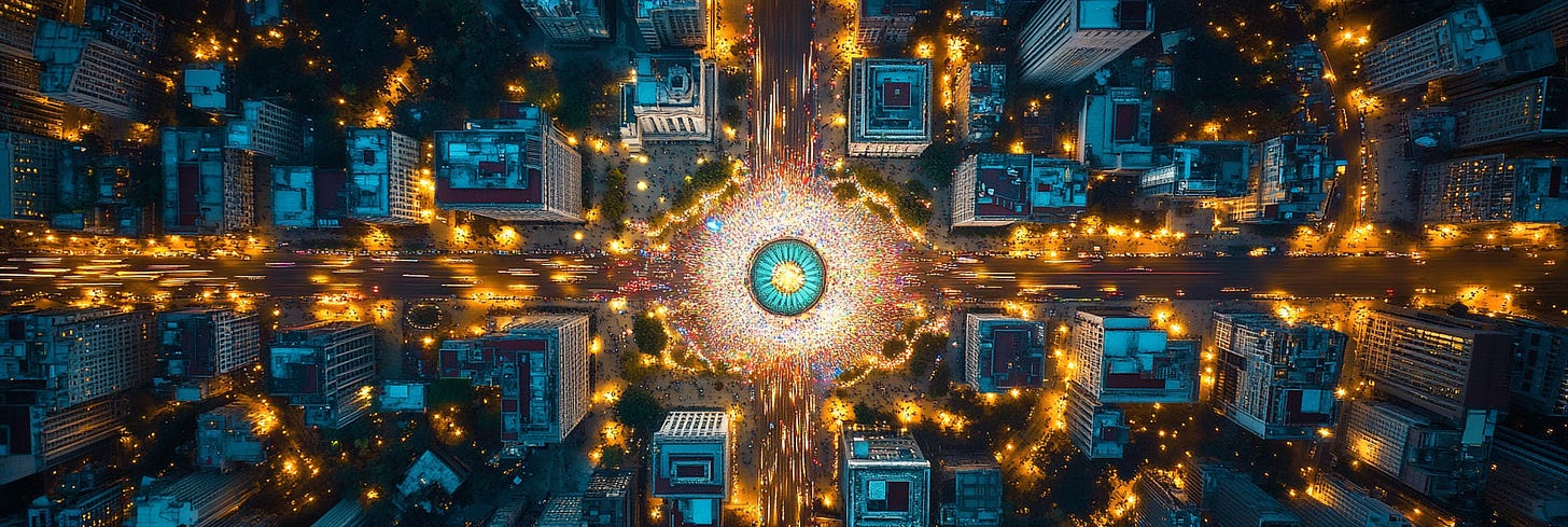 Aerial view of a bustling city intersection at night, centered on a large circular roundabout brightly illuminated with colorful lights, surrounded by tall buildings and glowing streetlights. The streets are filled with streaks of light from moving vehicles, creating a vibrant, dynamic scene that captures the energy of urban life.