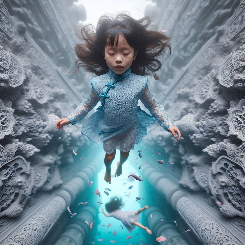 Hyper realistic;tilt shift; everything is falling . foreshortening head to feet looking down at ground. little chinese girl  in high collared blue lace blouse. falling with Quatrefoil on wall inside it : girl falling with grey Gothic Tracery inside: light blue glowing decorative tiles girl falling glowingcoral light contains the Angkor Wat, Cambodia: : water, aluminum foil, flower petals sunny day with cerelean sky.Tilt shift.ethereal . fish close up
