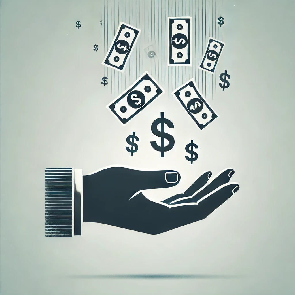 A simpler minimalist graphic representing tax giveaways. The image features a single hand with dollar bills floating outward, symbolizing money being given away. The background is a soft gradient with no icons or words, focusing only on the hand and money. The design is clean and modern, with a focus on simplicity and clarity.