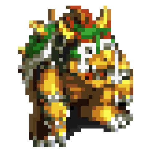 A pixelated render of Bowser, facing to the right, with two large white tears bobbing up and down as they fall from his distraught face.