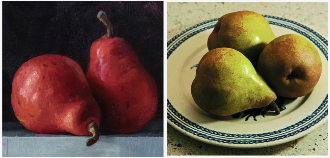 two red pears and a bowl of green pears