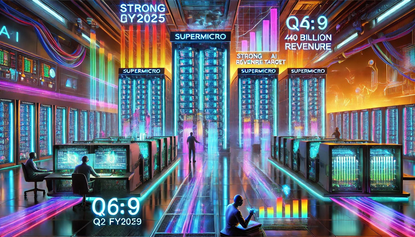 A 16:9 vibrant futuristic illustration showcasing Supermicro's ambitious AI server growth toward a $40 billion revenue target. The scene features a massive, high-tech AI server facility with glowing Supermicro-branded server racks interconnected by advanced liquid-cooling systems. The environment is enriched with a dynamic spectrum of neon blues, purples, oranges, and greens to enhance the futuristic aesthetic. Holographic financial charts highlight strong Q2 FY2025 results and projections for fiscal 2026. Engineers and robotic systems manage AI-driven server infrastructure, emphasizing scalability and innovation. The background features a futuristic industrial setting with multicolored data streams symbolizing the demand for AI server technology, creating a more immersive and visually engaging atmosphere.