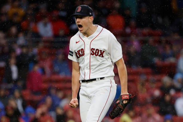 Nick Pivetta of the Boston Red Sox shouts after retiring the side of the Chicago White Sox in the seventh inning at Fenway Park on September 23, 2023...