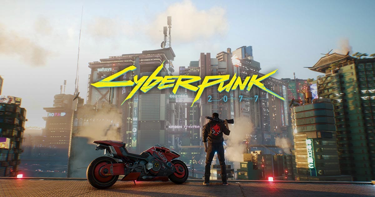 Cover art for the game Cyberpunk 2077, showing the logo at the centre against the Night City background in daylight, and the player character at the bottom next to a motorcycle, holding a gun over his shoulder.