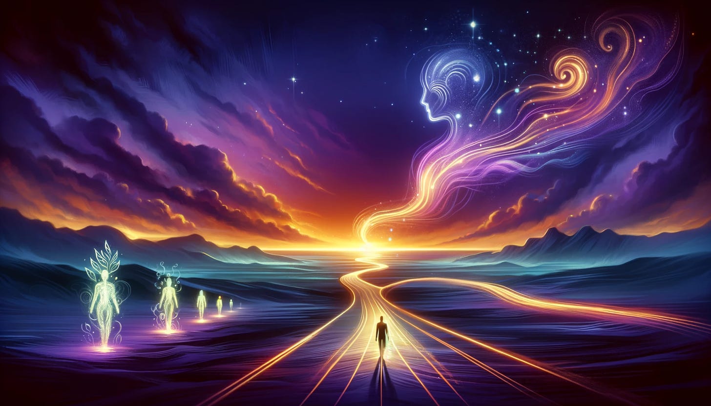 A visually striking horizontal illustration depicting an abstract concept of inner voice guiding destiny. The scene shows a serene landscape at dusk with a winding path leading towards a distant, glowing horizon symbolizing the future. Along the path, ethereal figures made of light represent thoughts and decisions influencing the journey. The sky is painted with vibrant shades of purple and orange, adding a sense of wonder and depth. The overall tone is mystical and inspiring, suitable for an article discussing self-discovery and personal growth.