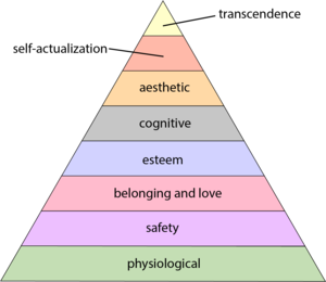 Maslow's hierarchy: a pyramid of words from bottom to top, representing human needs. physiological, safety, belong and love, esteem, cognitive, aesthetic, self-actualization, and transcedence.