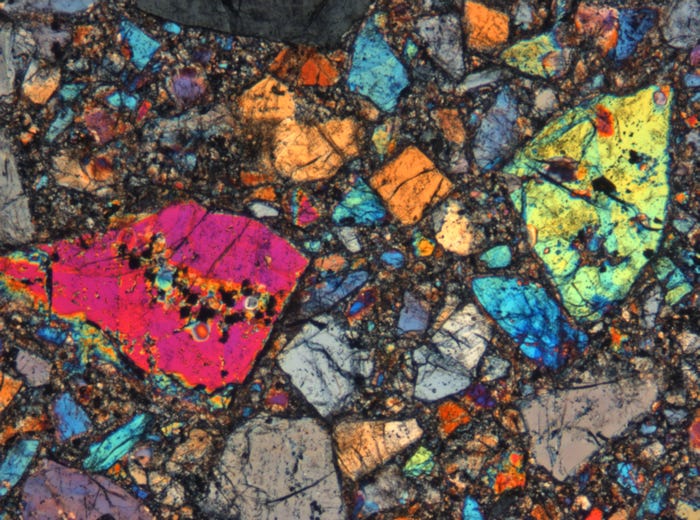 Thin Section Photograph of Apollo 17 Sample 72415,52 in Cross-Polarized Light at 5x Magnification and 1.4 mm Field of View (View #2)