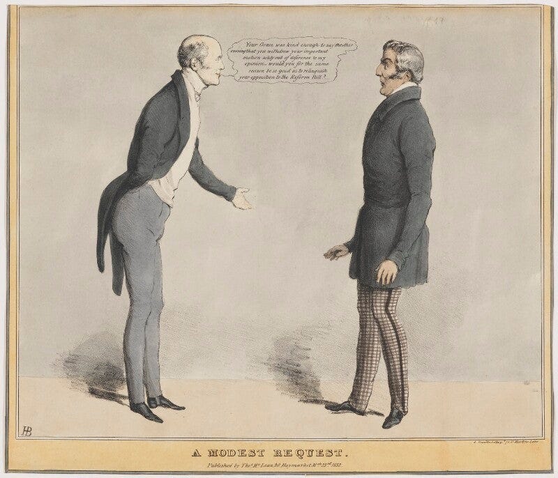 A Modest Request (Charles Grey, 2nd Earl Grey; Arthur Wellesley, 1st Duke of Wellington) NPG D46039