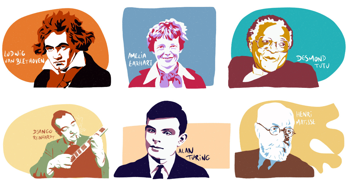 Some of the famous people Gabian Spirit has painted: Beethoven, Amelia Aerhart, Desmond Tutu, Django Reinhardt, Alan Turing, and Henri Matisse