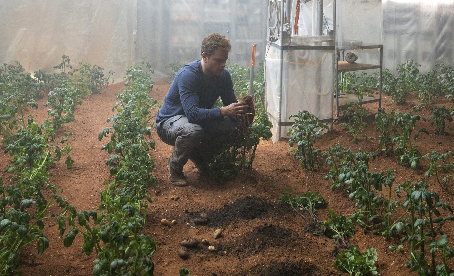 Mark Watney (played by Matt Damon) growing potatoes on Mars in "The Martian"