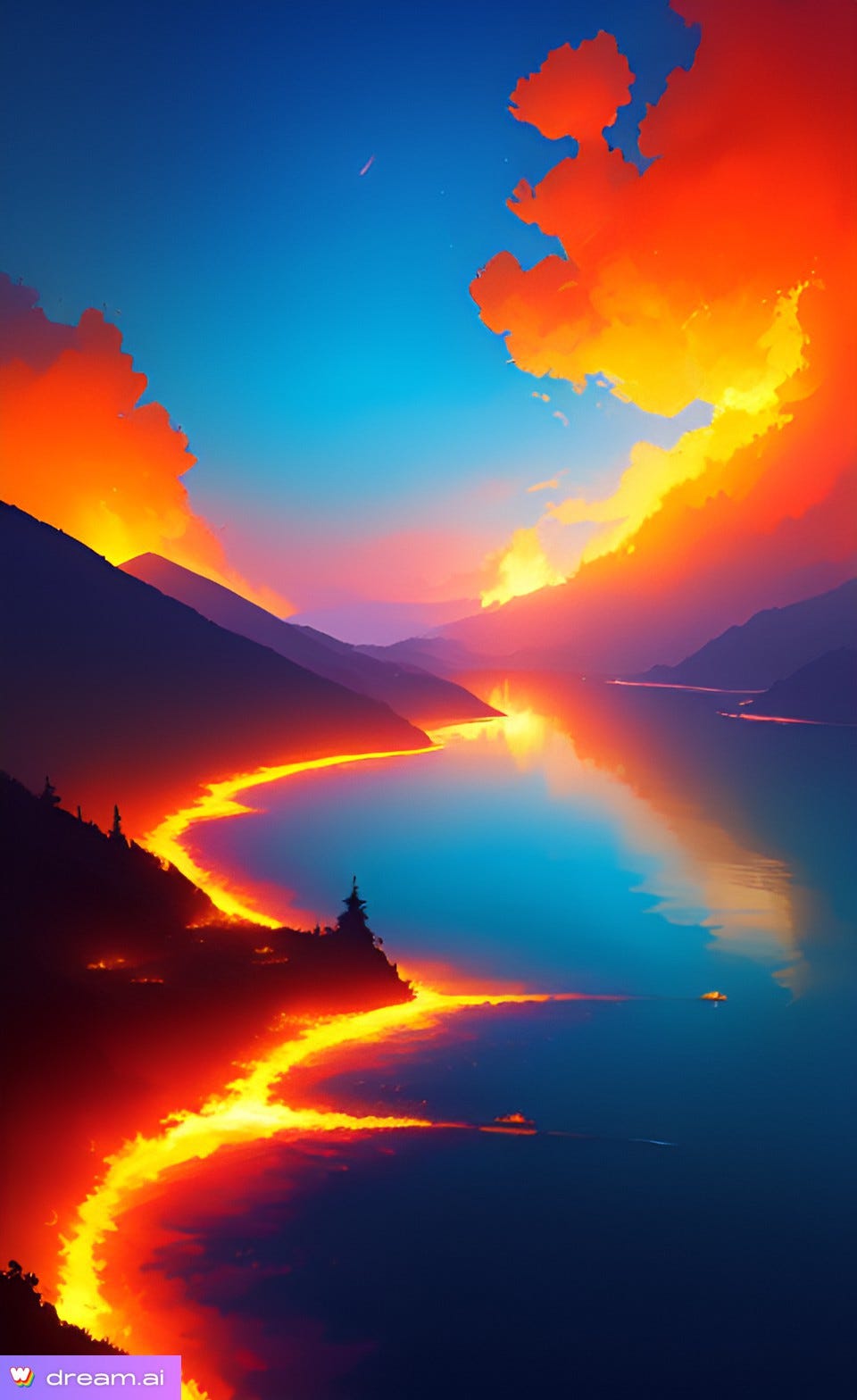 anime-style image of a lake surrounded by mountains, the water rimmed by fire