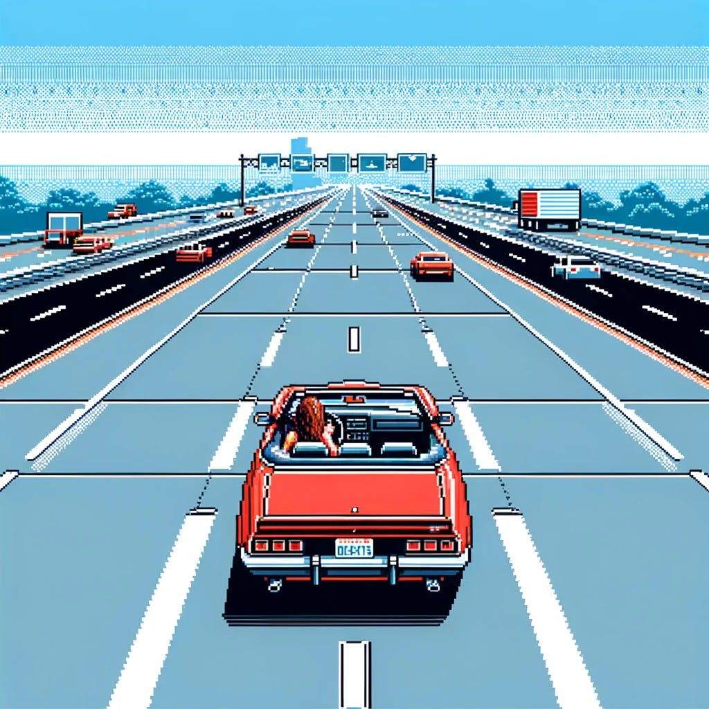 An 8-bit graphic style cutscene depicting an overhead view of a woman driving a left-hand drive red convertible on Interstate 5 in the USA. The image should have a pixelated, retro video game look, reminiscent of classic arcade games. The scene includes a straight stretch of highway with multiple lanes, typical road markings, and a clear blue sky. The woman is visibly driving the car on the right side of the road, with her hair blowing in the wind. The environment should have a minimalistic, 8-bit landscape with a few trees and road signs, ensuring accurate portrayal of a left-hand drive setting.