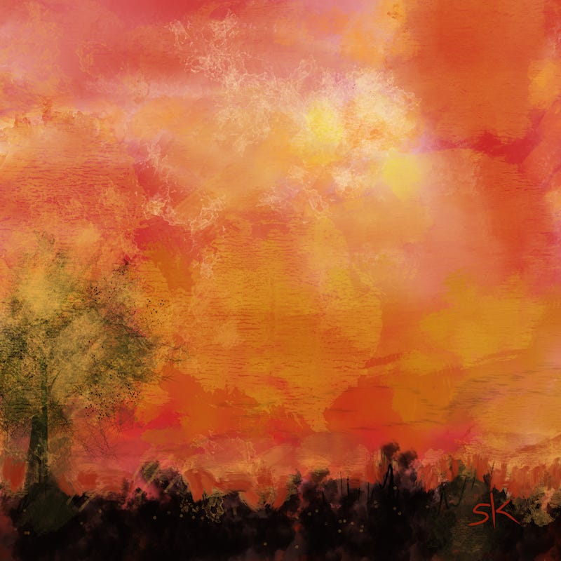 Abstract painting by Sherry Killam Arts of a fiery desert sunset from her back yard.
