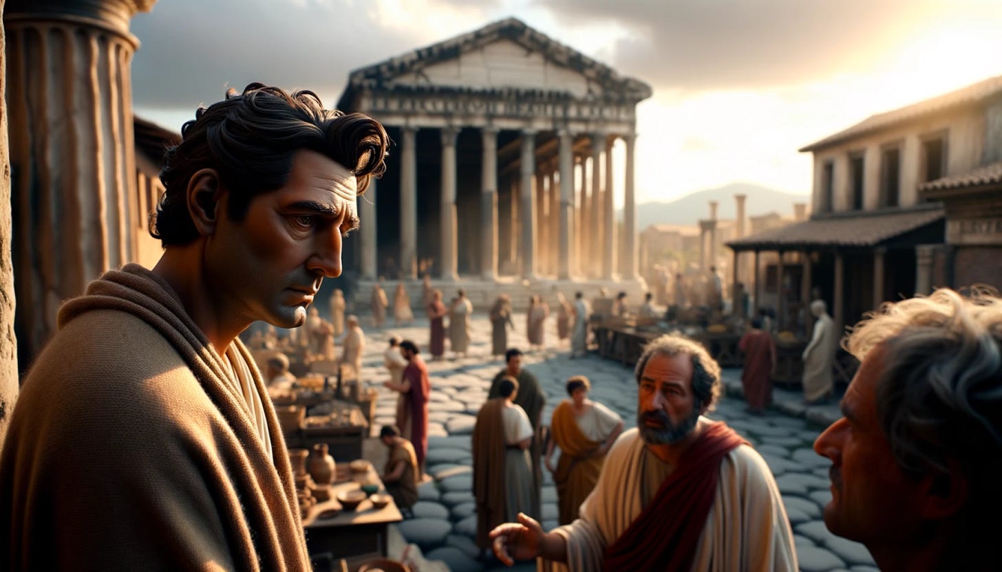 Lifelike photo from Pompeii's forum during a sunny August morning. The sun casts a golden hue on the grand temple and the bustling merchants and townsfolk. There's an underlying sense of unease. Gaius, a notable merchant with dark hair, is seen from a distance, yet the image is crafted in such a way that he becomes the focal point. His conversation with two locals appears serious. The image captures the nuances of Roman life, with a shallow depth of field and bokeh, emphasizing Gaius amidst the daily activities.