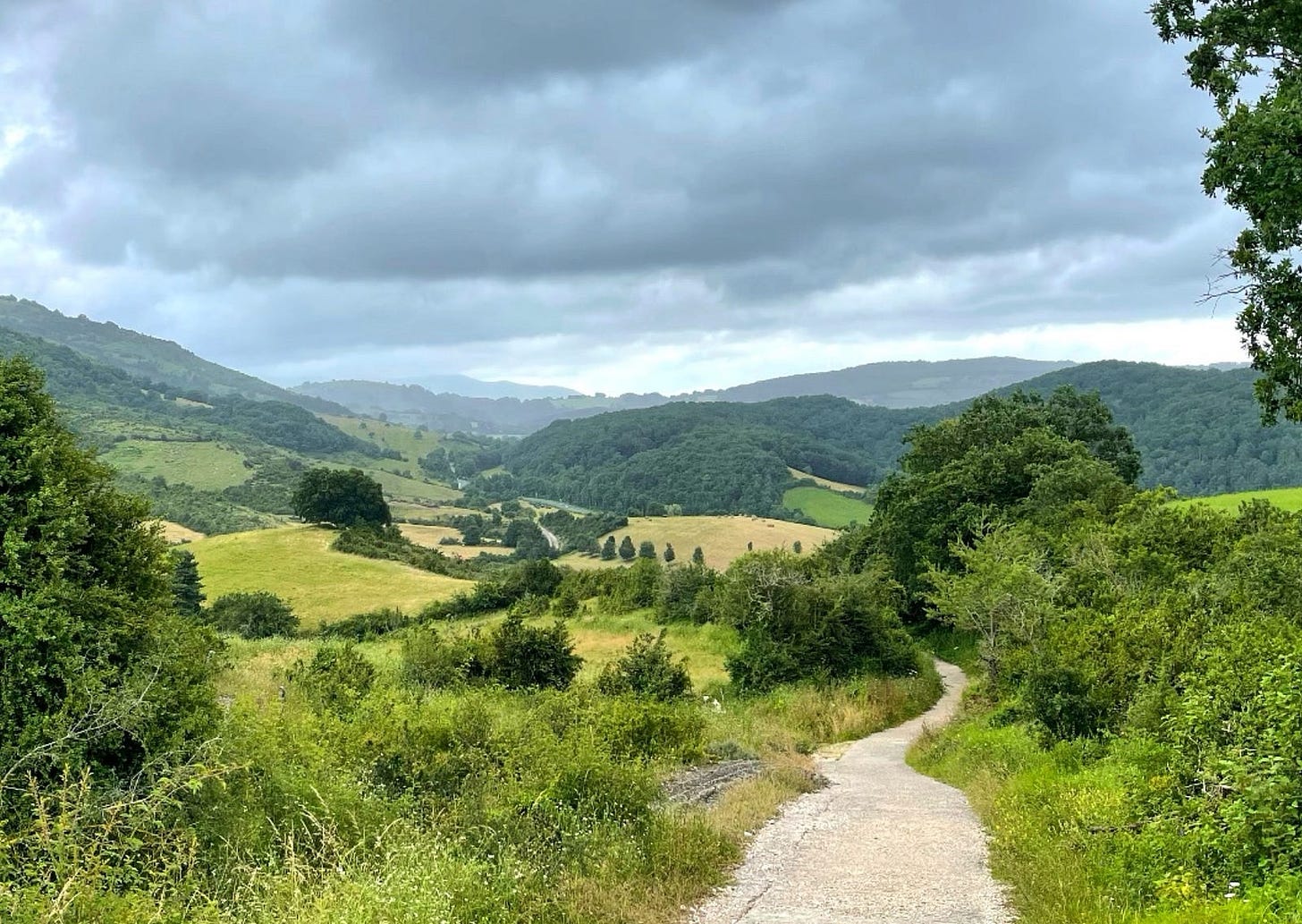 A winding footpath in lush, green hils