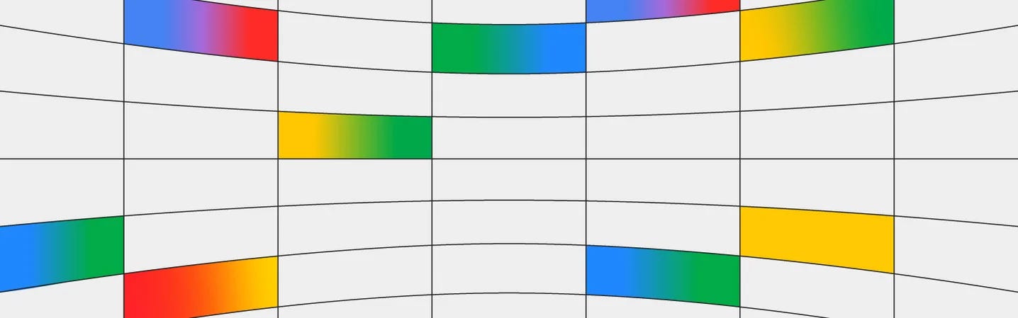 A grid with curved lines and rectangles filled with a gradient of rainbow colors.