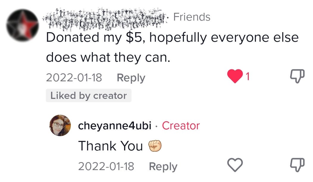 TikTok comment section with someone declaring that they donated $5 and hoping that others can donate as well.
