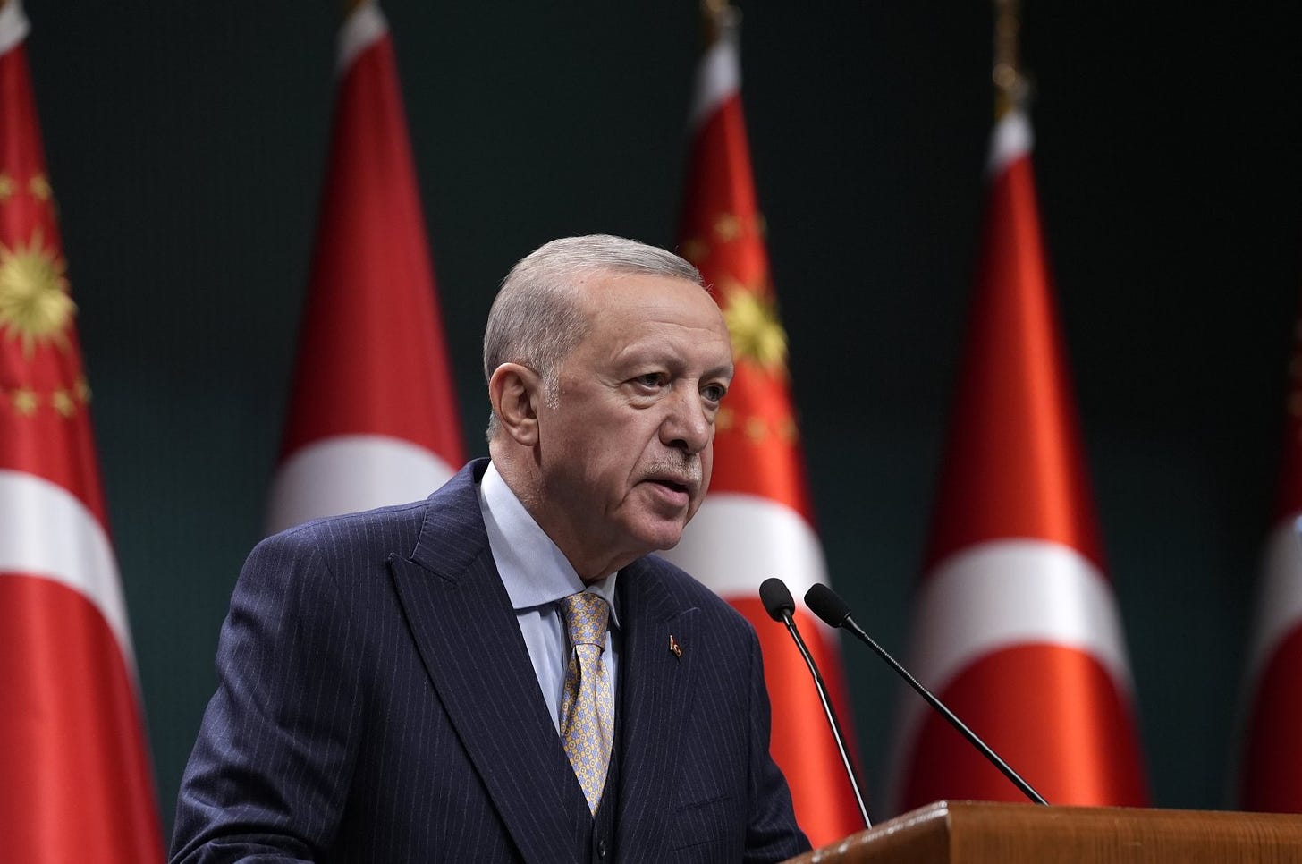  Recep Tayyip Erdoğan speaks to reporters at a news conference following a cabinet meeting in Ankara, April 16, 2024. (AA Photo)