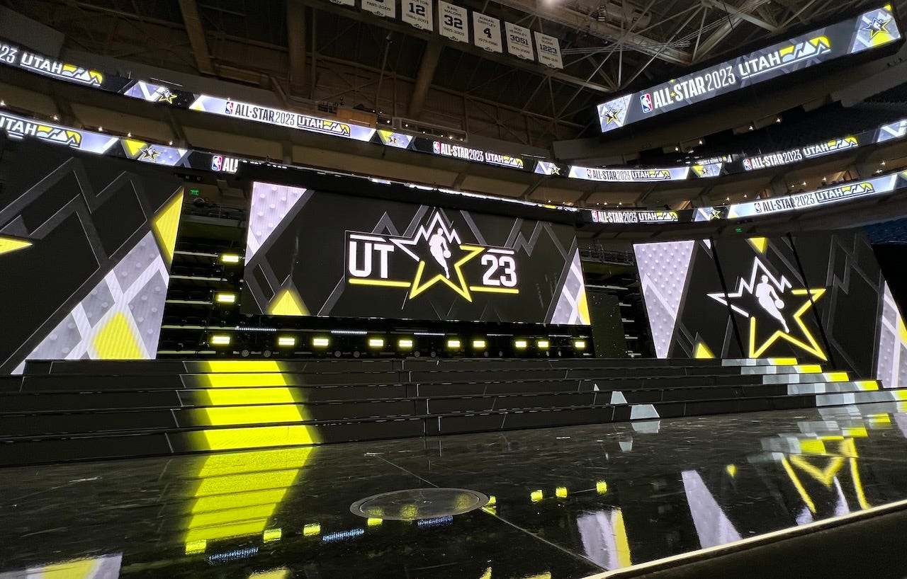 The stage for the live player draft and musical performances at Salt Lake City's All-Star game.