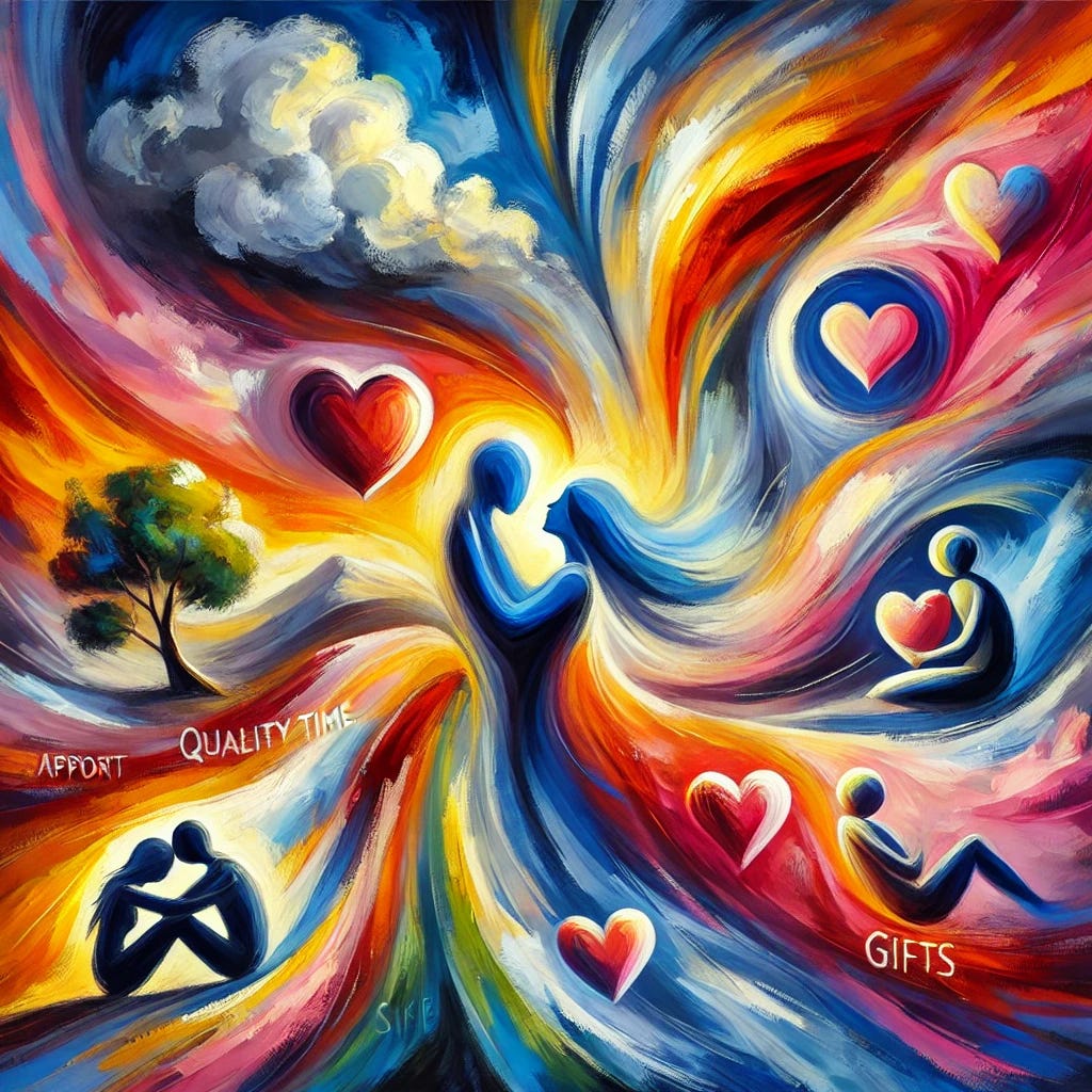 An abstract, vibrant painting capturing the essence of love and relationships. Bold, swirling brushstrokes in bright colors symbolize different aspects of love: affection, support, quality time, appreciation, and gifts. A dramatic sky in the background and figures in motion create a deep emotional atmosphere.