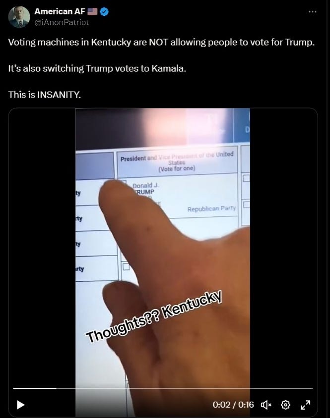 Screenshot from a video showing a voting machine in Kentucky, with a hand pointing to the selection for Donald J. Trump. The text above reads, 'Voting machines in Kentucky are NOT allowing people to vote for Trump. It’s also switching Trump votes to Kamala.' The overlay on the screen says, 'Thoughts?? Kentucky,' highlighting concerns about potential voting irregularities.