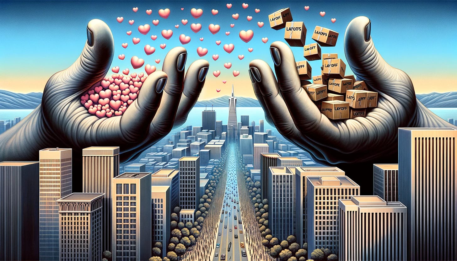 A horizontal allegorical illustration representing the contrasting actions of the tech industry during a crisis. The image features two large, surreal hands over a bustling Silicon Valley cityscape. The left hand is gently releasing small hearts, symbolizing expressions of sympathy and support from tech companies, floating towards the city below. The right hand, more imposing and stern, is holding several boxes marked with the word 'Layoff', symbolizing the widespread job cuts. These boxes are being ominously lowered towards the city, reflecting the impact and distress caused by layoffs. The contrasting imagery of hearts and layoff boxes in the hands creates a powerful visual metaphor for the complex and conflicting nature of the tech industry's response to challenging times.