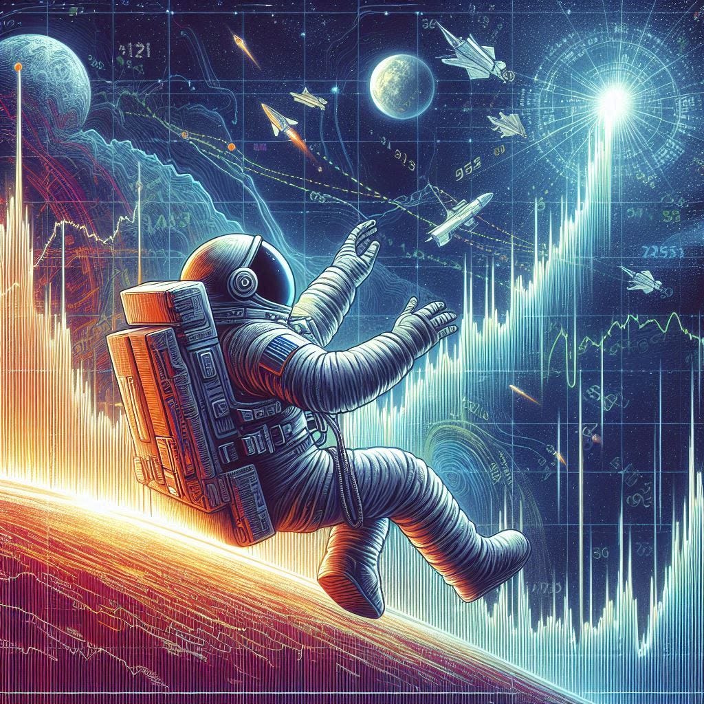 the astronaut of wall street, stock ticker, graph going up, 60s sci fi drawing
