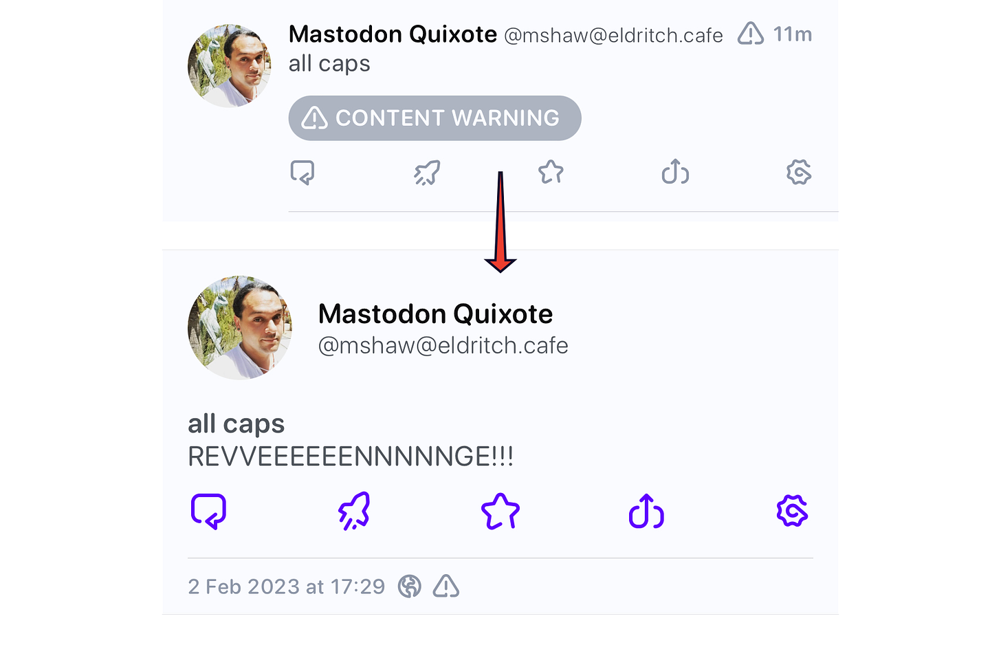 Mastodon post with a Content Warning: uncovered it reads REVVEEEENNNNGE!!!