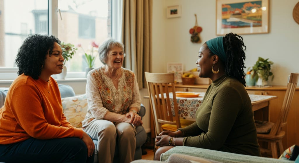 Three women chatting at home