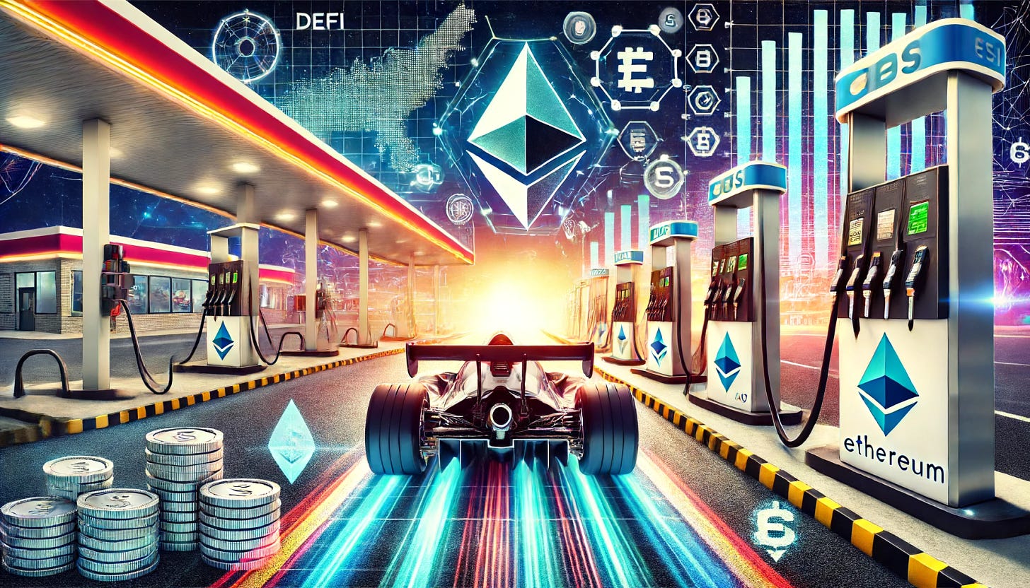 An image symbolizing key takeaways from gas usage research in blockchain bidding with a 16:9 aspect ratio. The image features real gas station photos integrated into the scene, with a race car at the starting line representing precise timing, and gas pumps connected to it symbolizing high gas usage. The backdrop includes digital blockchain elements with Ethereum icons and decentralized finance (DeFi) symbols like coins, charts, and graphs to emphasize the high-stakes bidding environment. Bright colors and sharp contrasts to highlight intensity and strategic importance.