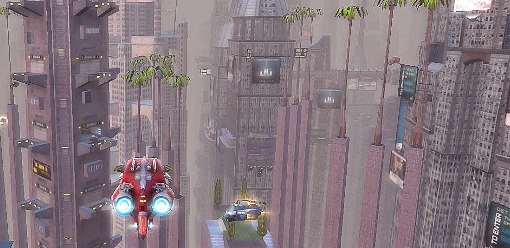 A game shot featuring many buildings and a flying ship