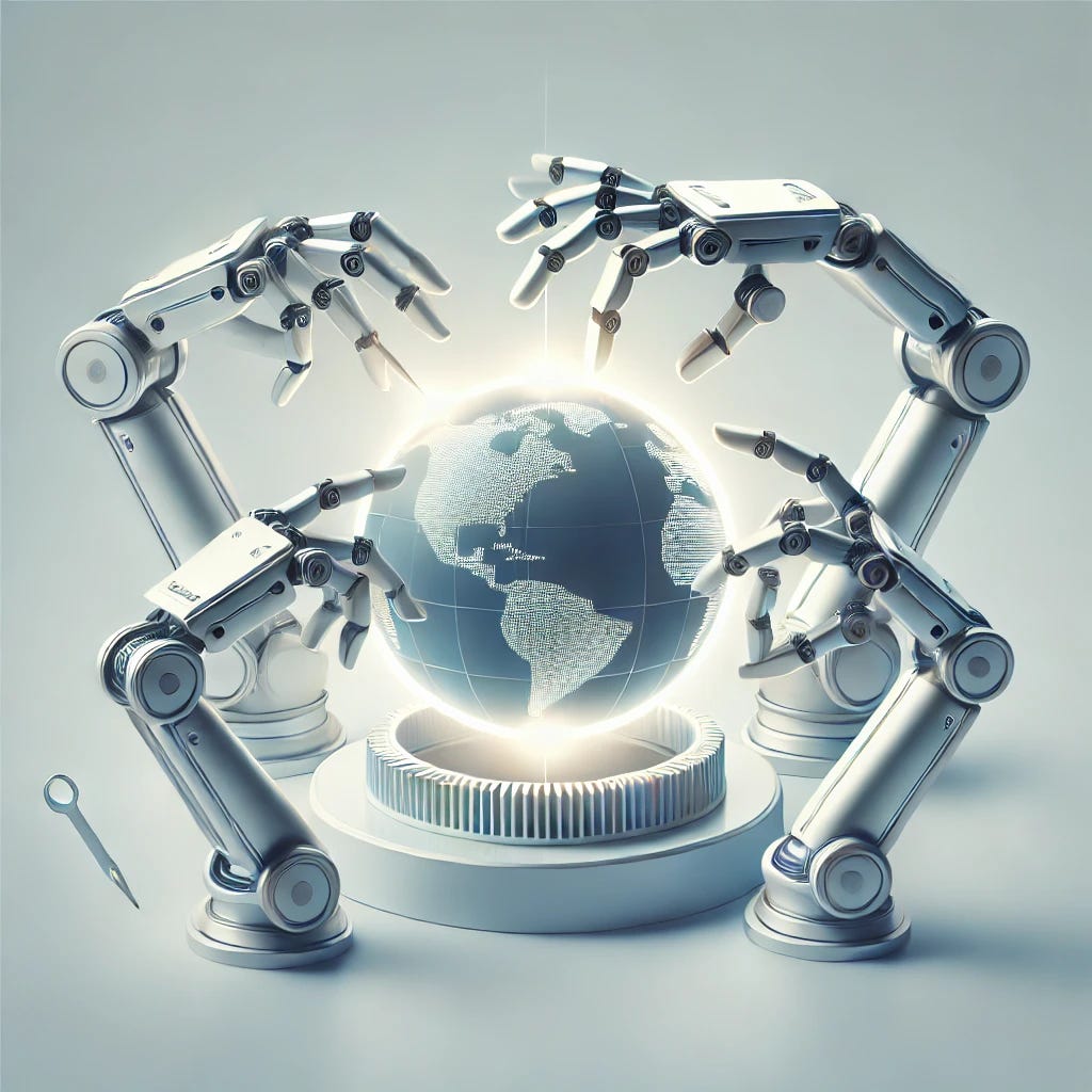A futuristic, minimalist illustration of robotic hands working in synchronization, assembling a glowing globe. The robotic hands resemble sleek and modern factory arms with metallic finishes, symbolizing automation and innovation. The background is clean with soft gradients of white and subtle blue tones. Absolutely no text or letters should appear anywhere in the image.