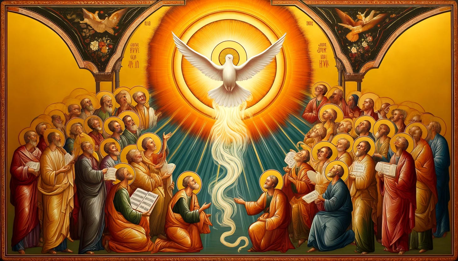 A Byzantine iconography-inspired image titled 'The Apocalyptic Spirit,' deeply engaging with themes from John 16. Depict the Holy Spirit as a dove, surrounded by a radiant halo, descending towards a group of disciples. The disciples should be depicted with expressions of awe and reverence, with some holding scrolls symbolizing the truths yet to be revealed. Incorporate elements like rays of light and the symbol of the Trinity (three interwoven circles) to emphasize the divine guidance and relational aspect of the revelation. Use traditional Byzantine style with gold leaf backgrounds, intricate patterns, and vibrant colors to convey the spiritual depth and transformative journey. The background should transition from dark tones at the bottom, representing current sorrow and tribulation, to bright, heavenly light at the top, symbolizing future joy and divine truth.