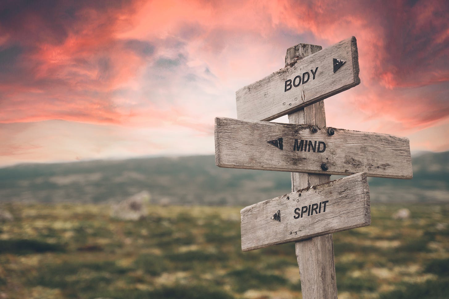 Guidepost saying body, mind, spirit against a pink sky 