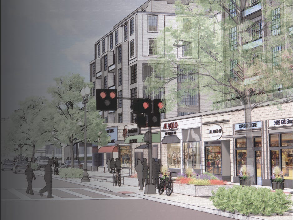This is a color drawing of the east side of the Cleveland Park Business District facing Northeast. The drawing shows familiar stores such as  Cleveland Park Bar and Grill, Al Volo, All Fired Up, and Captain Cookie. The crossing signal with a crosswalk is also visible. The rendering shows a seven-story apartment building with a setback and trees in the foreground which are transparent to show the building. People are drawn as gray figures and you can see cars and bicycles in the drawing.
