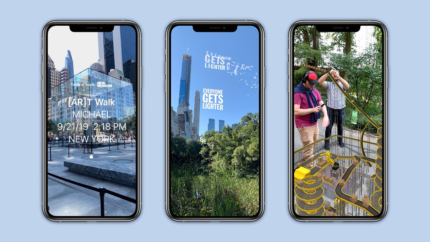 Three screenshots capturing during a Today at Apple [AR]T Walk around Central Park. The screenshots show augmented reality art overlaid on the environment.