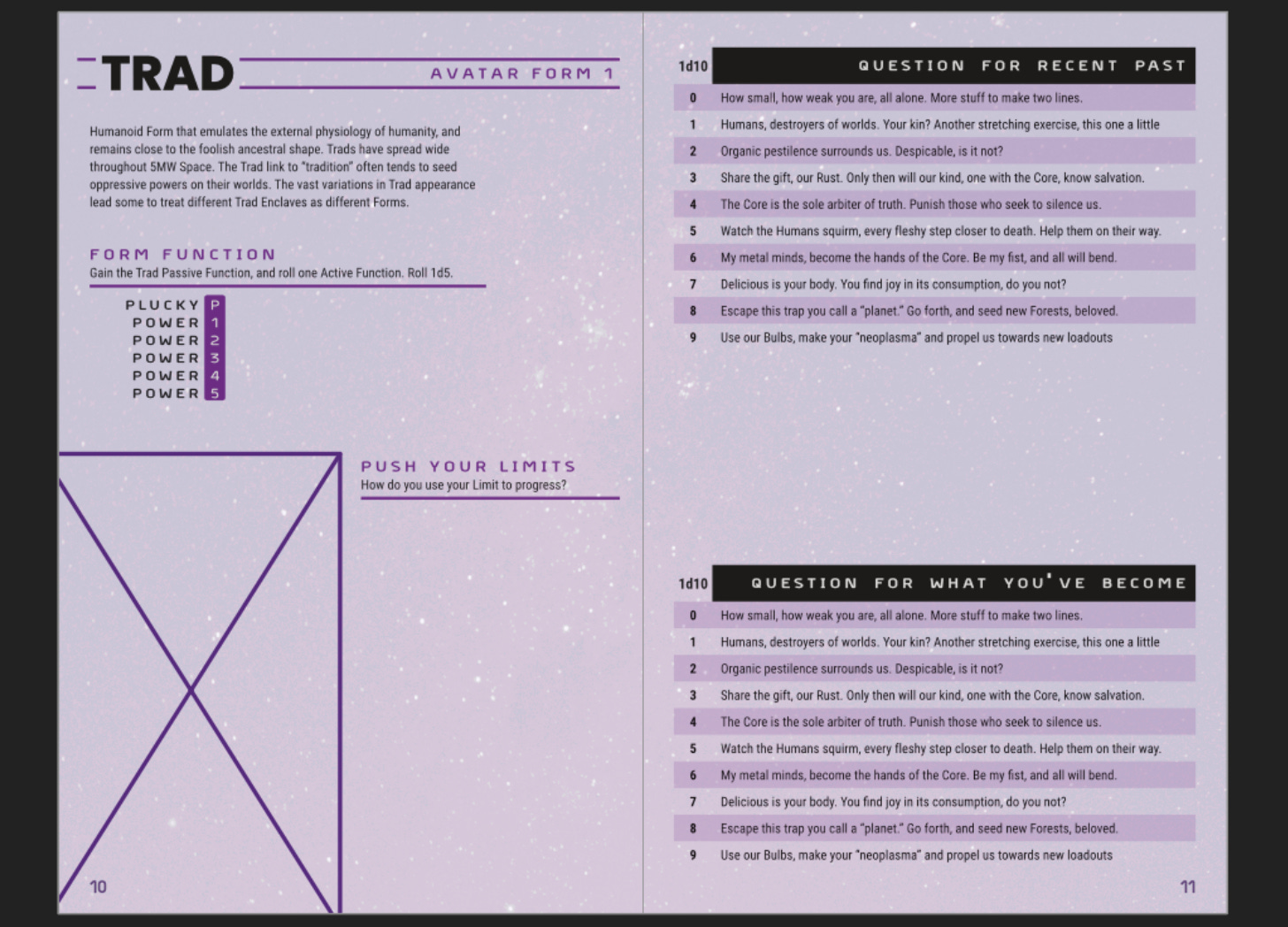 A screenshot of an Affinity Publisher two page spread. One page has Trad, its description, a space for their “powers” (still haven’t figured out a good name for that), space for an illustration and How You Use Limit (for project progress). A screenshot of an Affinity Publisher two page spread. One page has Trad, its description, a space for their “powers” (still haven’t figured out a good name for that), space for an illustration and How You Use Limit (for project progress).