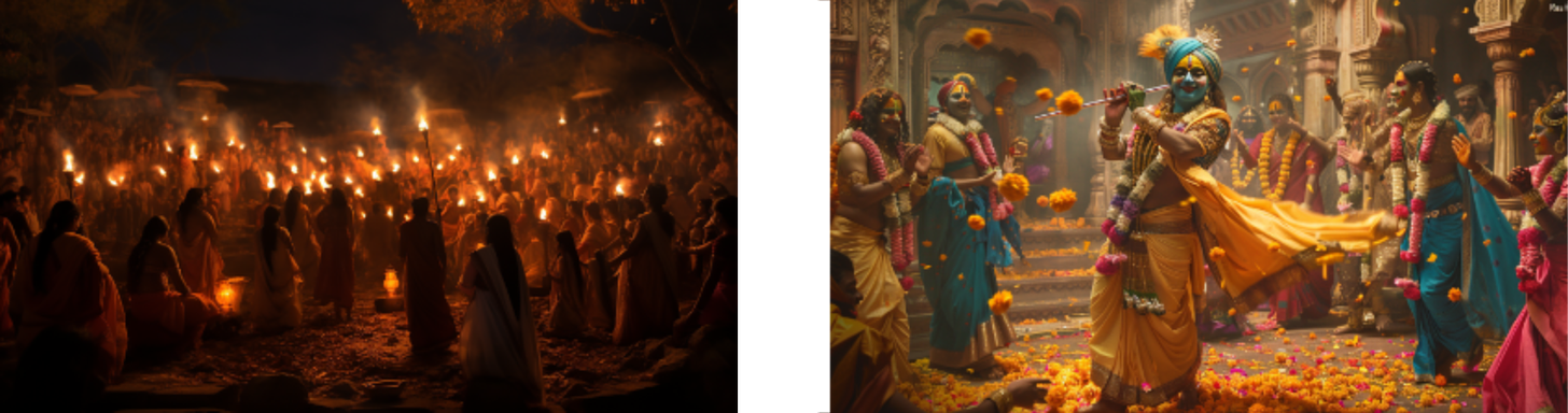 In these images, we see the vibrant celebration of traditional Indian festivals. On the left, a somber and meditative scene with a congregation of people seated in a semi-circle, holding flames in a nighttime ceremony, possibly a prayer or vigil, their faces illuminated by the warm glow of fire. On the right, the mood shifts to one of festivity, with figures dressed in colorful attire and facial paint that emulates the Hindu god Krishna, engaged in a dance amidst a shower of flower petals, portraying joy and devotion in a temple setting. The contrast between the solemnity of the first image and the joyousness of the second encapsulates the rich tapestry of cultural and religious practices in India.