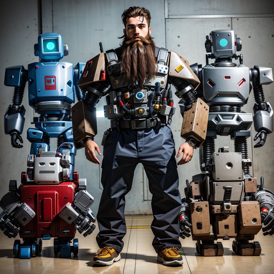 bearded man surrounded by 3 robots